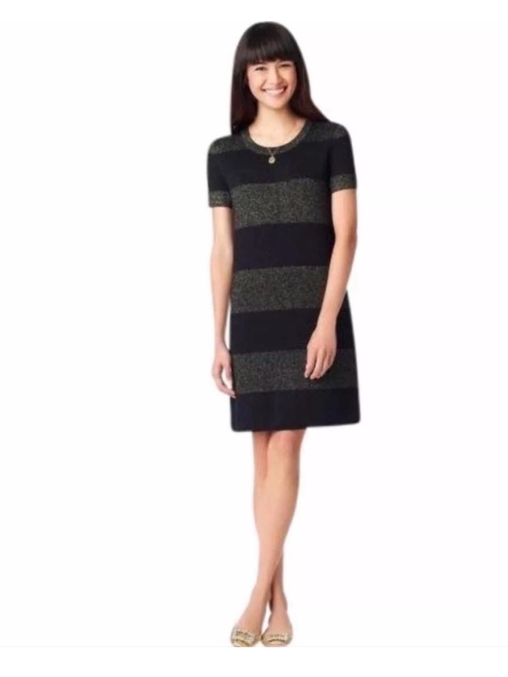 kate spade Freyda Black and Metallic Gold Knit Stripe Shift Dress Women’s Size M